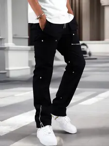 Men's Solid Color Drawstring Waist Pants, Multi-Pocket Design, Street Style, Comfortable Casual Wear for Daily Use