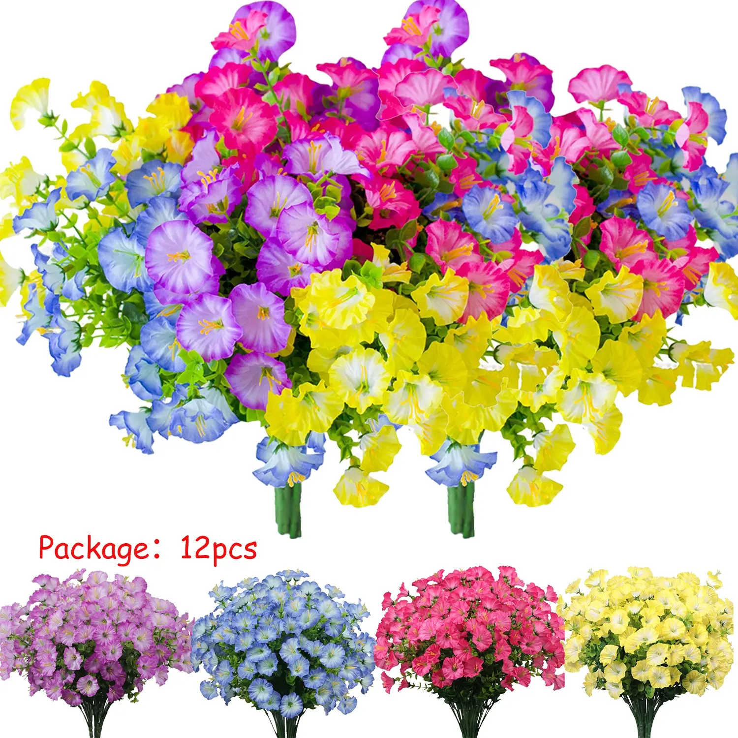 Mixed Floral Arrangement, 12pcs/set Colorful Morning Glory, Faux Flowers, Faux Flowers for Spring & Summer, Decorative Flowers for Home & Garden & Yard, Artificial Outdoor Flowers, Fake Floral Decor, Artificial Flower Arrangements
