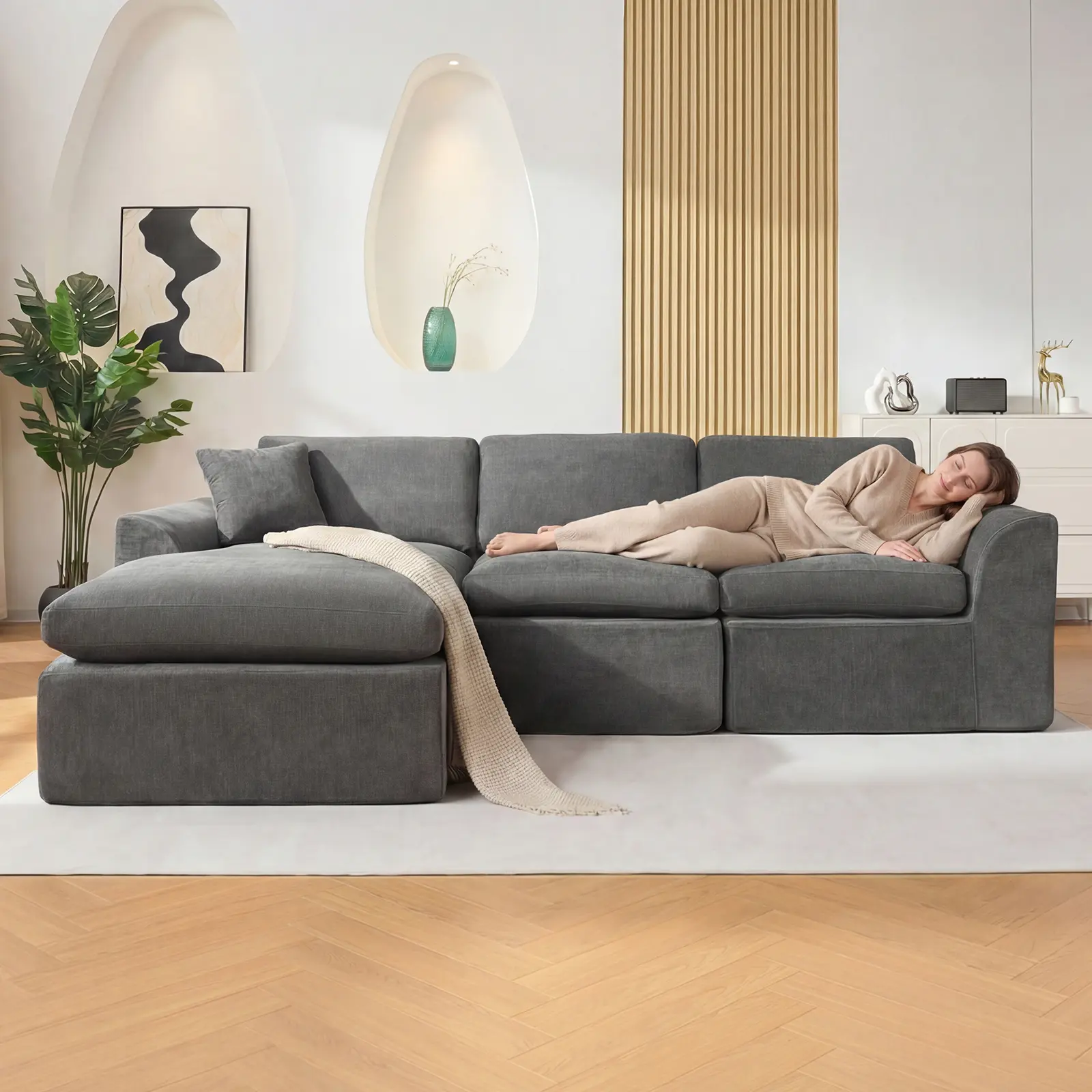 110" Modern Cloud L-Shaped Minimalist Modular Couch - Chaise Sectional, 13" Low Profile, Memory Foam, Deep Seat Chenille Fabric, No Assembly, Vacuum-Packed Ship, Modular Layout, 109.84"d x 68.9"w x 33.46"h Apartment Living Room Furniture