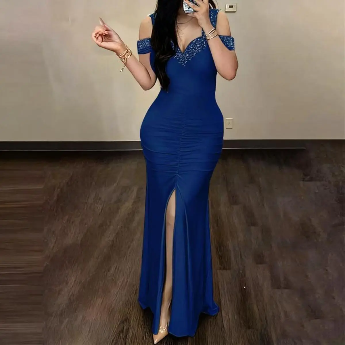 Women's Elegant Polyester Evening Gown - Off-Shoulder, Slim-Fit, High-Waist, Hip-Wrapped, Slit Design Formal Wear for Ladies, Party, Birthday Occasions, Lady, Fabric, Going Out, Party Fit, Bodycon