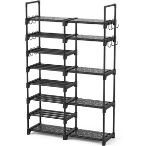 Shoe Rack Organizer, 8-Tier Metal Shoe Rack for Closet Entryway Garage, 26-32 Pairs Tall Shoe Boot Storage Shelf with 15 Hooks, Stackable Large Shoe Stand