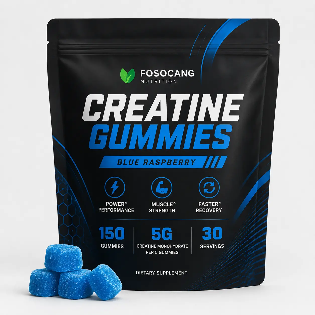 FoSoCang Creatine Infused Amino Acid Wellness Gummies - Sweet Blue Raspberry - Each Serving Delivers 5g Premium Creatine Monohydrate Nutritional Supplement
