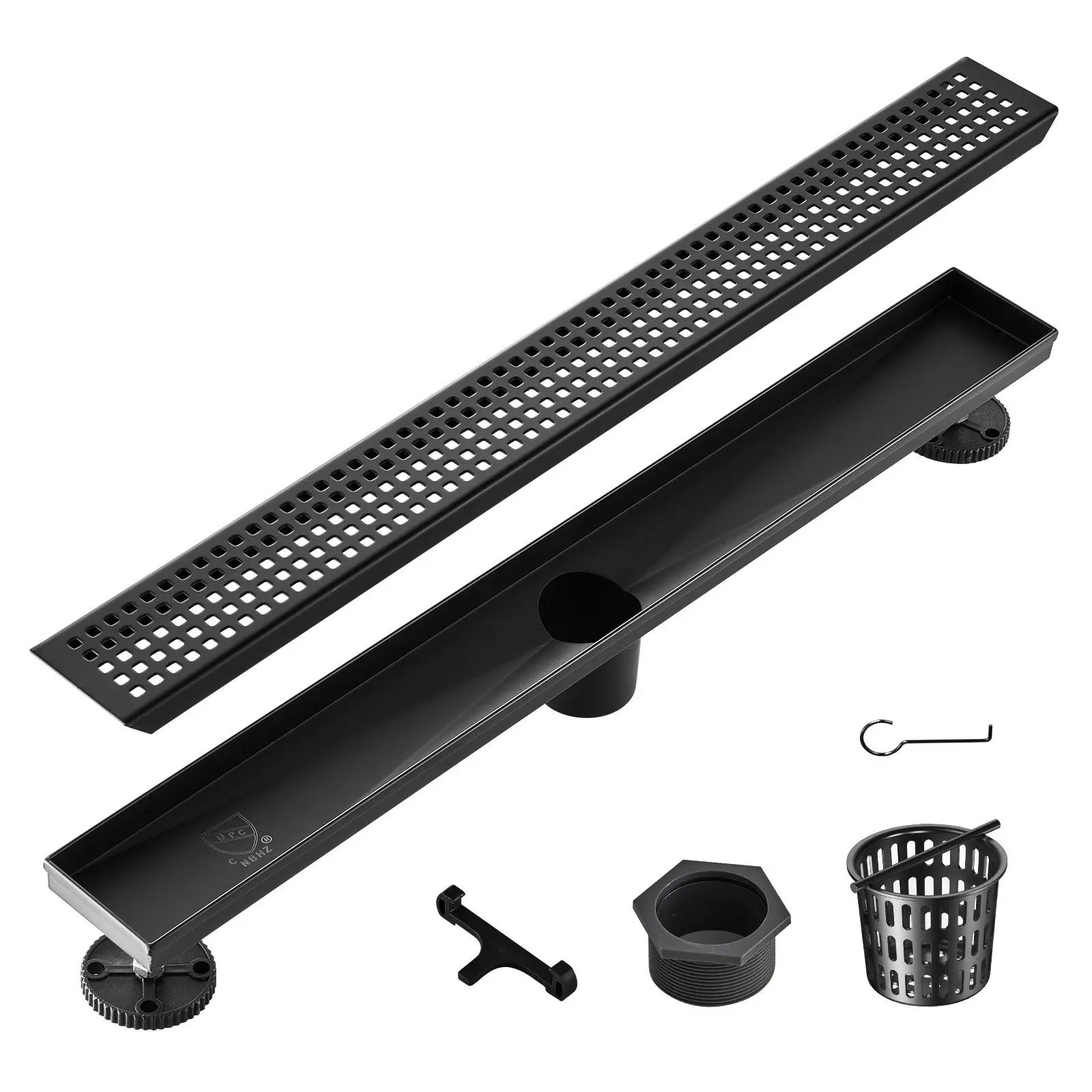 VEVOR 24-Inch Linear Shower Drain with Square Pattern Grate,Brushed 304 Stainless Steel Rectangle Shower Floor Drain, Sleek Linear Drain with Hair Strainer, Matte Black