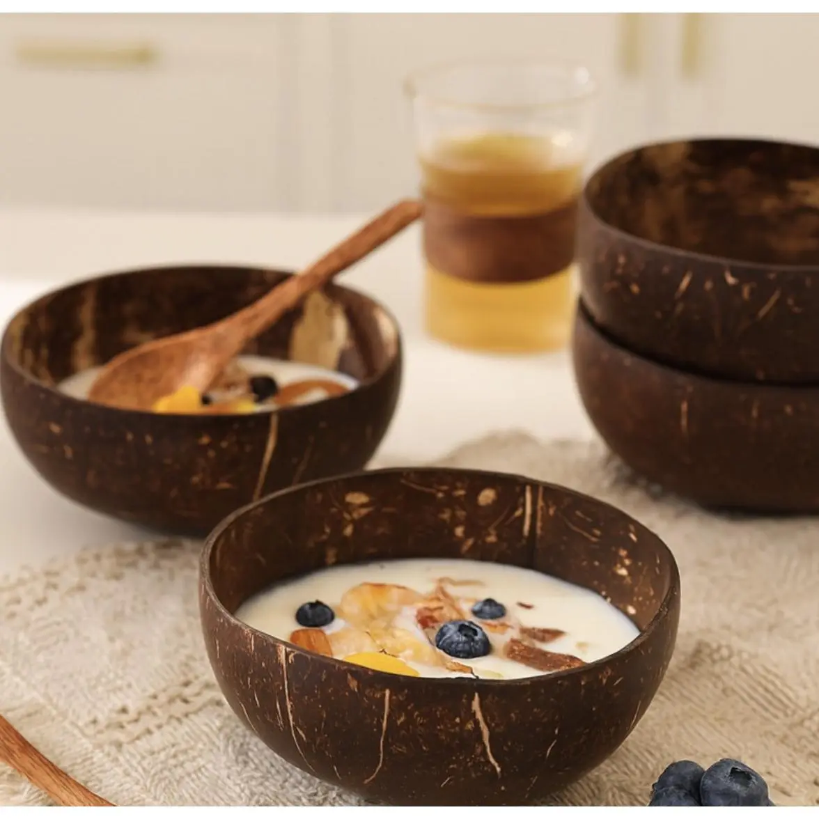 Handmade Coconut Shell Bowls Set for Smoothies Breakfast Fruit Oatmeal Snacks Eco-Friendly Reusable Kitchenware with Wooden Spoons summerwins,summerwins Tableware