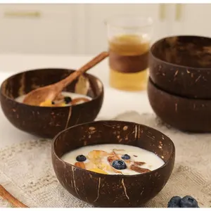 Handmade Coconut Shell Bowls Set for Smoothies Breakfast Fruit Oatmeal Snacks Eco-Friendly Reusable Kitchenware with Wooden Spoons
