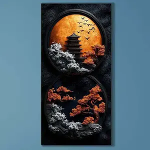 5D DIY Full Drill Round Diamond Painting - Diamond Art Kit Sunset, Ancient Tower, Sea of Clouds Mosaic, Canvas - DIY Decorative Painting, Home Wall Decor, Suitable for Halloween and Christmas, Birthday and Anniversary Gifts