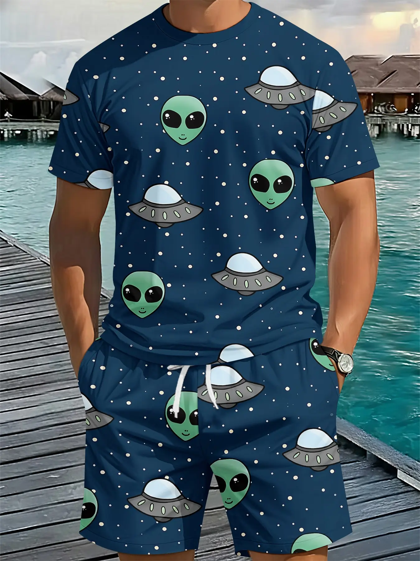 Fun Alien UFO 3D Digital Print Two-piece Set, 2Pcs, Trendy Fashion Outfit, Trendy Retro Casual Two-piece Suit, Vacation-style Tropical Trendy Wear, Breathable Sports Casual Style, Perfect Festival Gift for Men