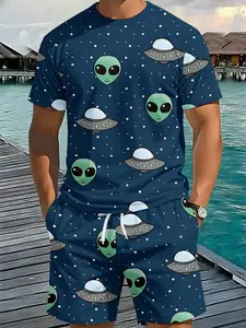 Fun Alien UFO 3D Digital Print Two-piece Set, 2Pcs, Trendy Fashion Outfit, Trendy Retro Casual Two-piece Suit, Vacation-style Tropical Trendy Wear, Breathable Sports Casual Style, Perfect Festival Gift for Men