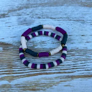 Handmade Stacked Set of 2 Bracelets - Purple, Navy, and Cream Heishi Beads and Glass Beads
