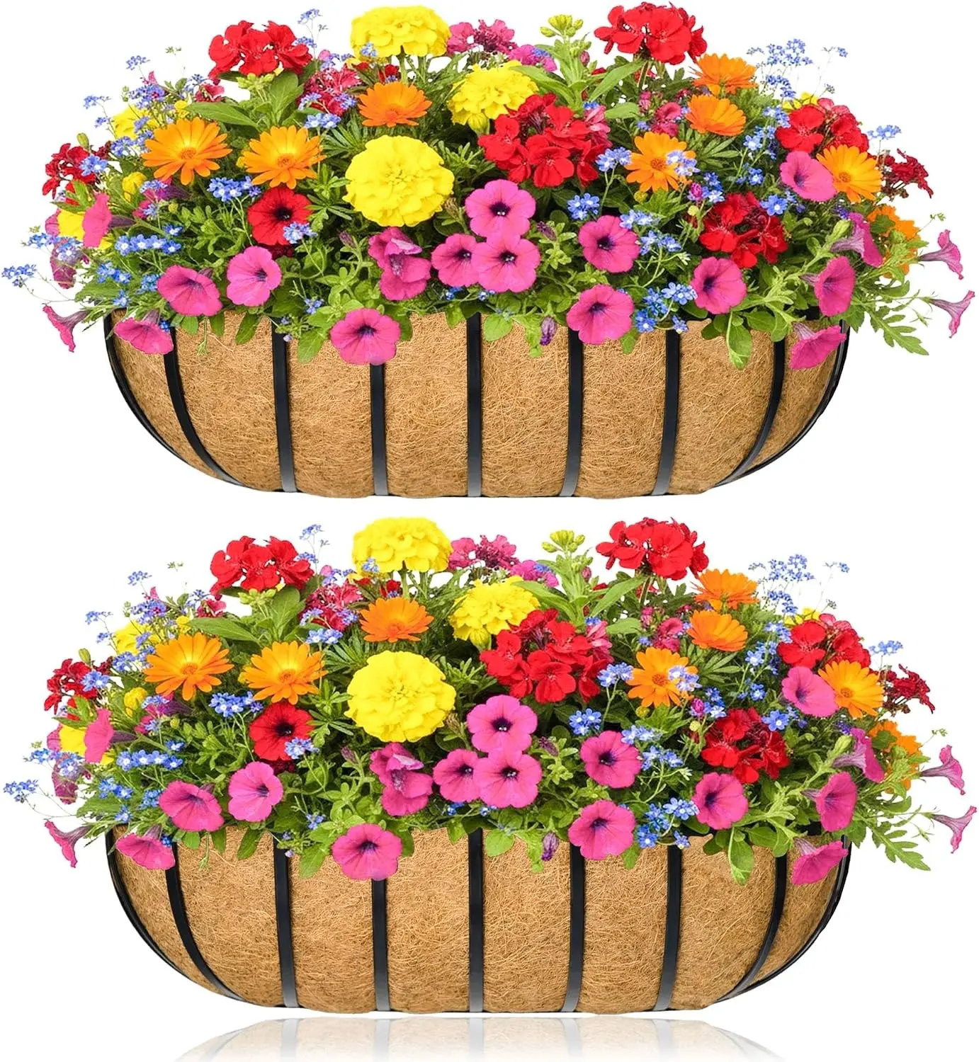 16-Inch Classic Metal Window Box Railing Planter with Coco Liner, 2-Pack Steel Frame Outdoor Decor for Deck Rails, Balcony, Fence