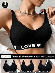 3pcs Trending Love Ribbon Ribbed Sports Bra Stylish Seamless Bralette for Gym & Daily Wear  Breathable Activewear Crop Top Bra Pack