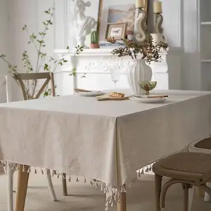 1pc Elegant Solid Color Square Rectangular Tablecloth, Fringe Trim, Natural Casual Atmosphere, Suitable for Dining Room Living Room Bedroom