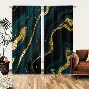 2pcs Window Curtains, Luxurious abstract art with deep teal, black, and shimmering gold swirling patterns, evoking marble or agate textures.Window Drapes for Bedroom Living Room, Rod Pocket Window Treatment
