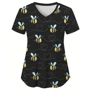 Bee Print Scrub Top, Comfortable & Functional Health Care Uniform Perfect For Working With Children In Hospitals & Dental Office, Women's Work Clothing scrubs women teacher clothes