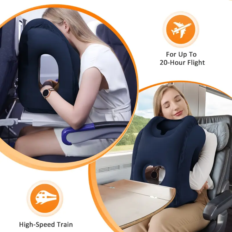 Exercise Blue Inflatable Travel Pillow for Long Flights, High-Speed Trains, Office Naps, and Car Rest - Ergonomic PVC Flocked Airplane Sleeping Cushion, Portable and Lightweight, Ideal for Camping and Hiking