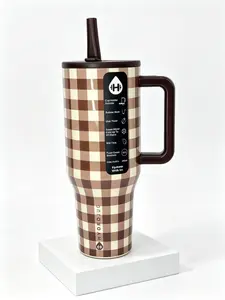 HydroJug 40oz Vacuum Flask Mug - Brown Plaid Print, 24hr Ice Cold Retention, Portable Bottled Tumbler, Kitchenware & Drinkware Accessory