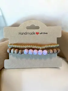 Light pink/gray and wooded beaded stackable bracelet set