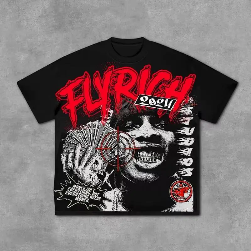 Fly Rich Abstract Human Face Graphic 100% Cotton T-Shirt Men Y2K