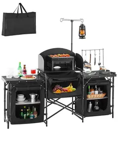 SucceBuy Camping Kitchen Table Aluminum Portable Cook Station with 3 Storage Cupboard Carrying Bag Quick Set-up for BBQ Picnic