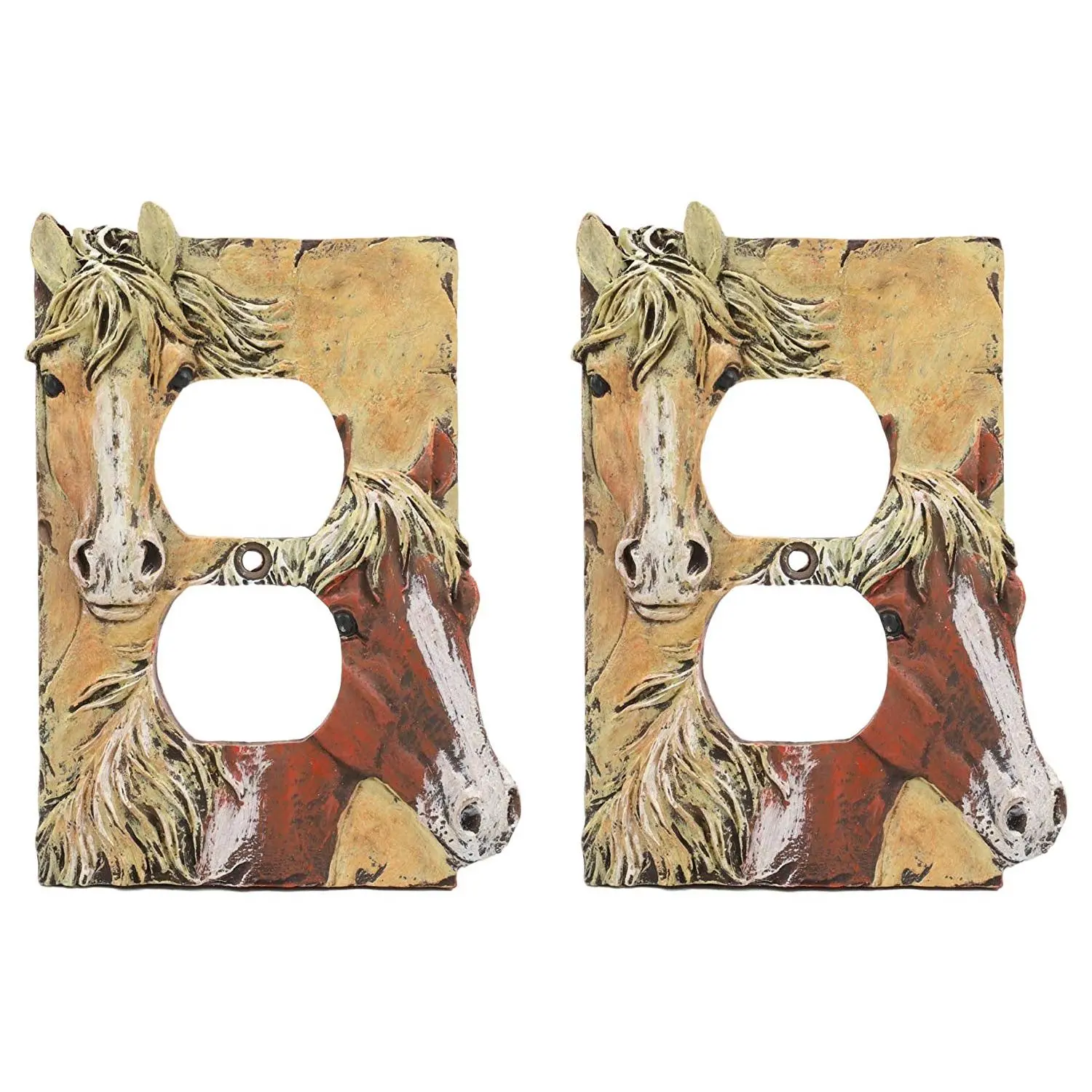 Home Decoration Duplex Outlet Receptacle Cover Set (2 Pcs) - Rustic Western Chestnut Palomino Horse Decor, Hand Painted, Elegant Western Touch