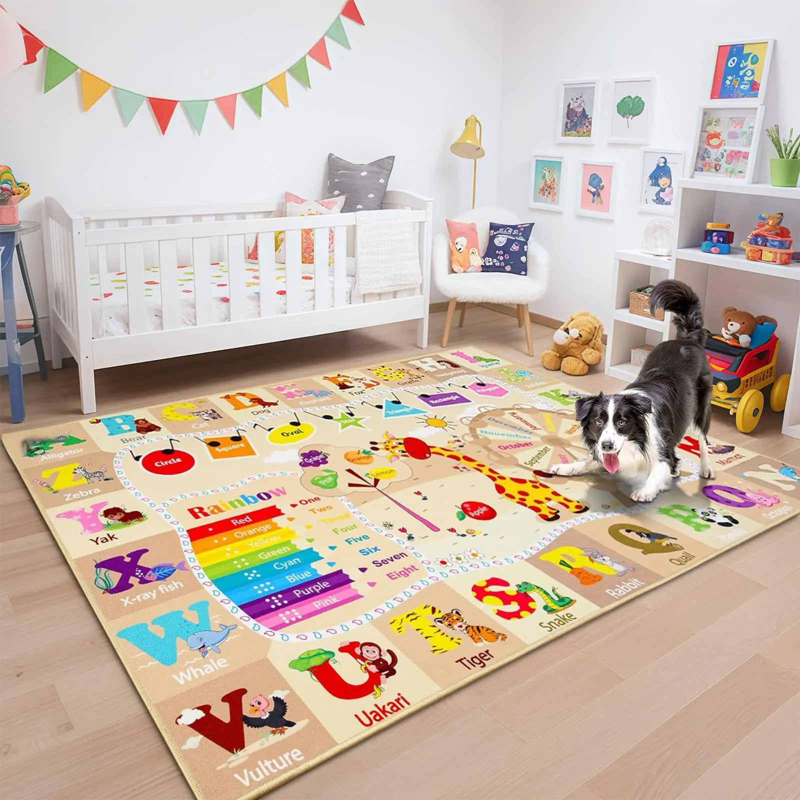 Early education playroom area rug, multi-size TPR non-slip learning rug with ABC letters, animal, shape color fruit patterns, washable play mat for kids' room decor, available in beige, blue, green, purple, pink