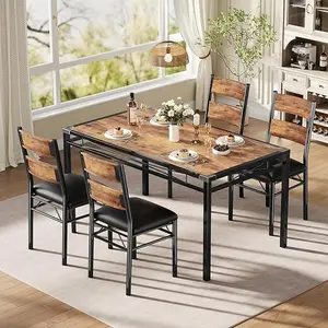 Dining Table Set for 4 with Corner Protector, Kitchen Table with 4 Upholstered Chairs, for Small Space, Dining Room, Apartment，Rustic Brown