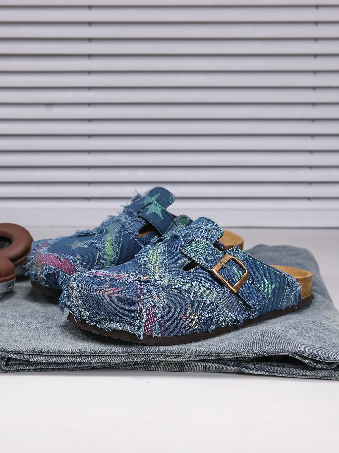 Unisex All-Season Soft Cork Slippers, Fashionable Patchwork Star Design, Denim Material, Casual Style, Comfortable Daily Wear, Summer Slippers, Eva Slippers, Casual Slipper Shoes