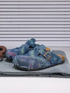 Unisex All-Season Soft Cork Slippers, Fashionable Patchwork Star Design, Denim Material, Casual Style, Comfortable Daily Wear, Eva Slippers