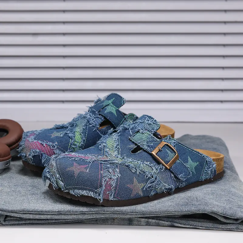 Unisex All-Season Soft Cork Slippers, Fashionable Patchwork Star Design, Casual Style, Comfortable Daily Wear, Casual Slippers Shoes