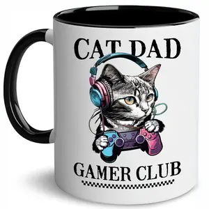 Cat Dad Gamer Club Mug, Funny Daddy Mugs, Cute Cat Cup, Birthday Gift for Dad, Present for  Gamer Boyfriend Ceramic Coffee 11Oz 15Oz Mug