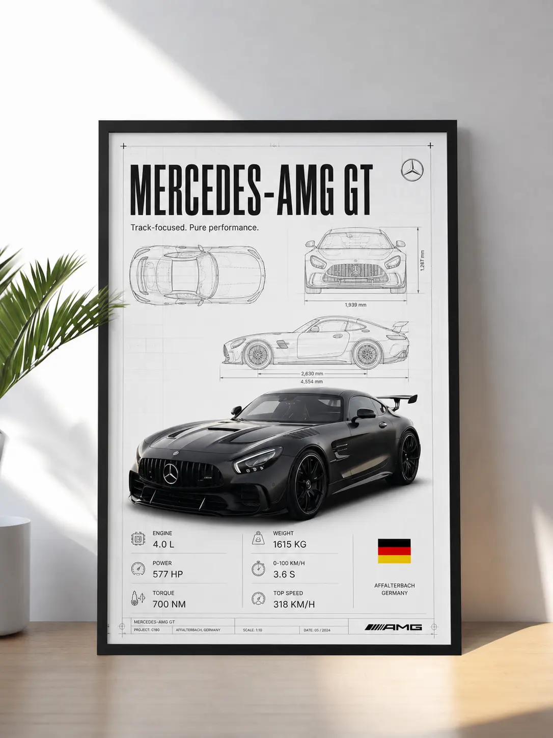 Mercedes AMG GT Poster Set of 5, Luxury Sports Car Wall Art, Automotive Blueprint Print, Racing Garage Decor, Digital Download (no frame)