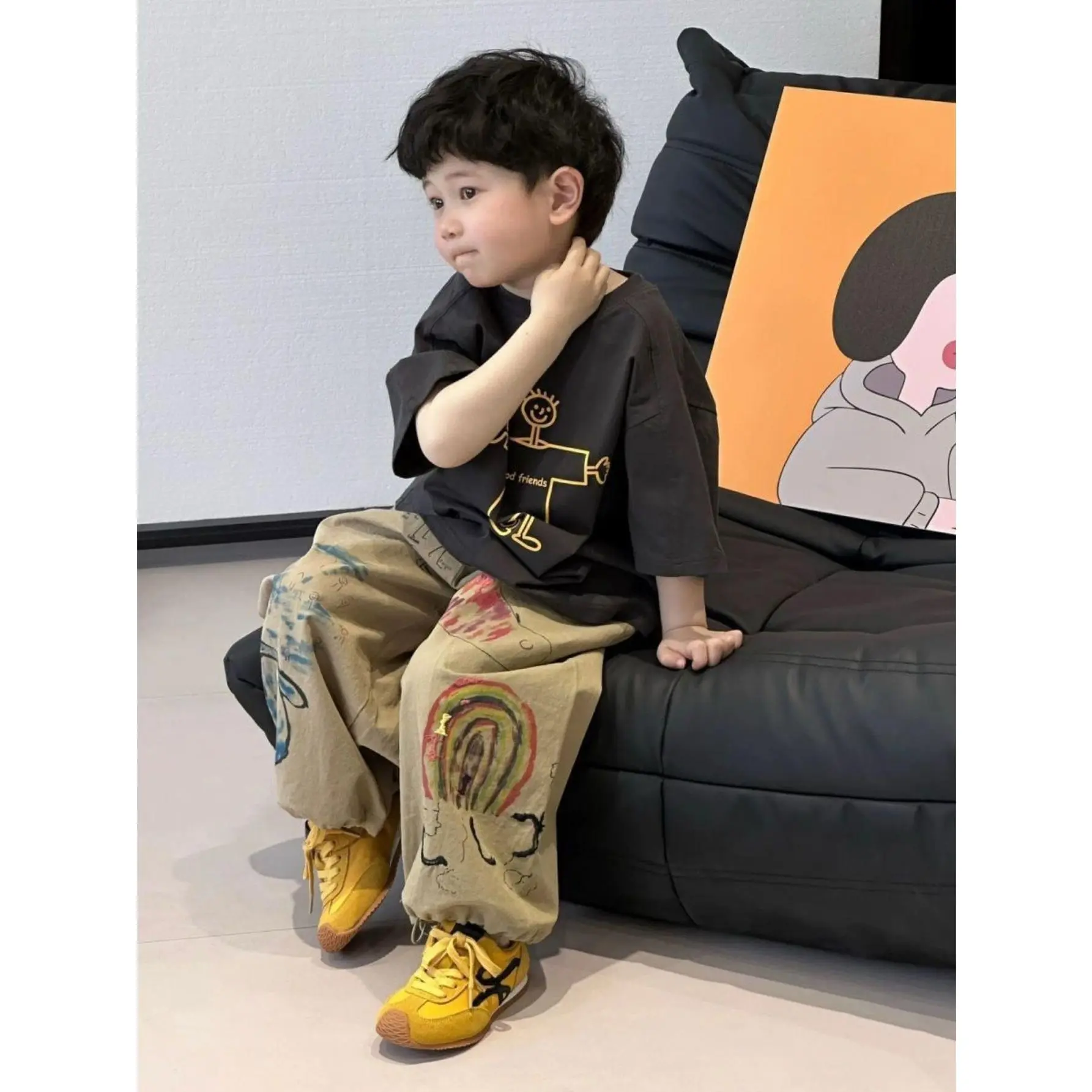 2025 Summer New Arrival Kids' Fashion Outfit Set, Printed Short-Sleeve T-Shirt & Versatile Long Pants Casual Two-Piece Suit, for Outdoor