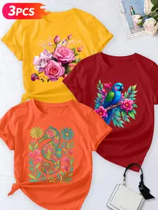 Women's 3-Pack Casual Short Sleeve Crew Neck T-Shirt, Be Brave/Just Breathe/Stay Positive Inspirational Quote Print Set, Multiple Colors, Machine Washable, Spring & Summer Top, Soft Skin-Friendly Fabric, Daily Wear, Fashion Design