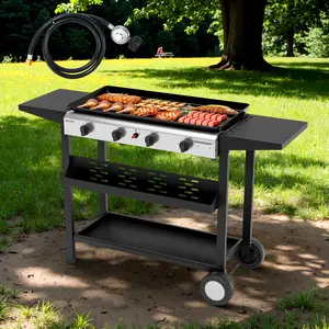 ROVSUN 4 Burner Portable Propane Griddle with Nonstick Enameled Tray, 40000 BTU Rolling Flat Top Gas Grill with Electronic Ignition, Side Shelves & Regulator for Outdoor Cooking Camping BBQ Tailgating SpringStatements