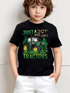 Boy's Cartoon Tractor Print Round Neck Tee, Casual Short Sleeve T-shirt for Summer, Kids Clothes for Daily Wear