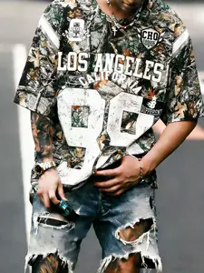 Men's Realtree Camo Camouflage Los Angeles Digital Rugby Sport Shirt T-Shirt, Loose Fit Street Style, Short Sleeve Long Clothing, with Collar