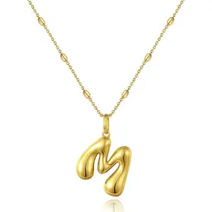 ND4 Bubble Letter Necklace,14K Gold Plated Personalized 3D Puffy Balloon Initial Pendant with Adjustable Bead Chain, Dainty Jewelry Gift for Women