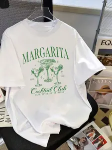 Women's Letter & Margarita Print Round Neck Tee, Casual Loose Short Sleeve Breathable Lightweight T-shirt for Summer, Ladies Clothes for Daily Wear, Everyday