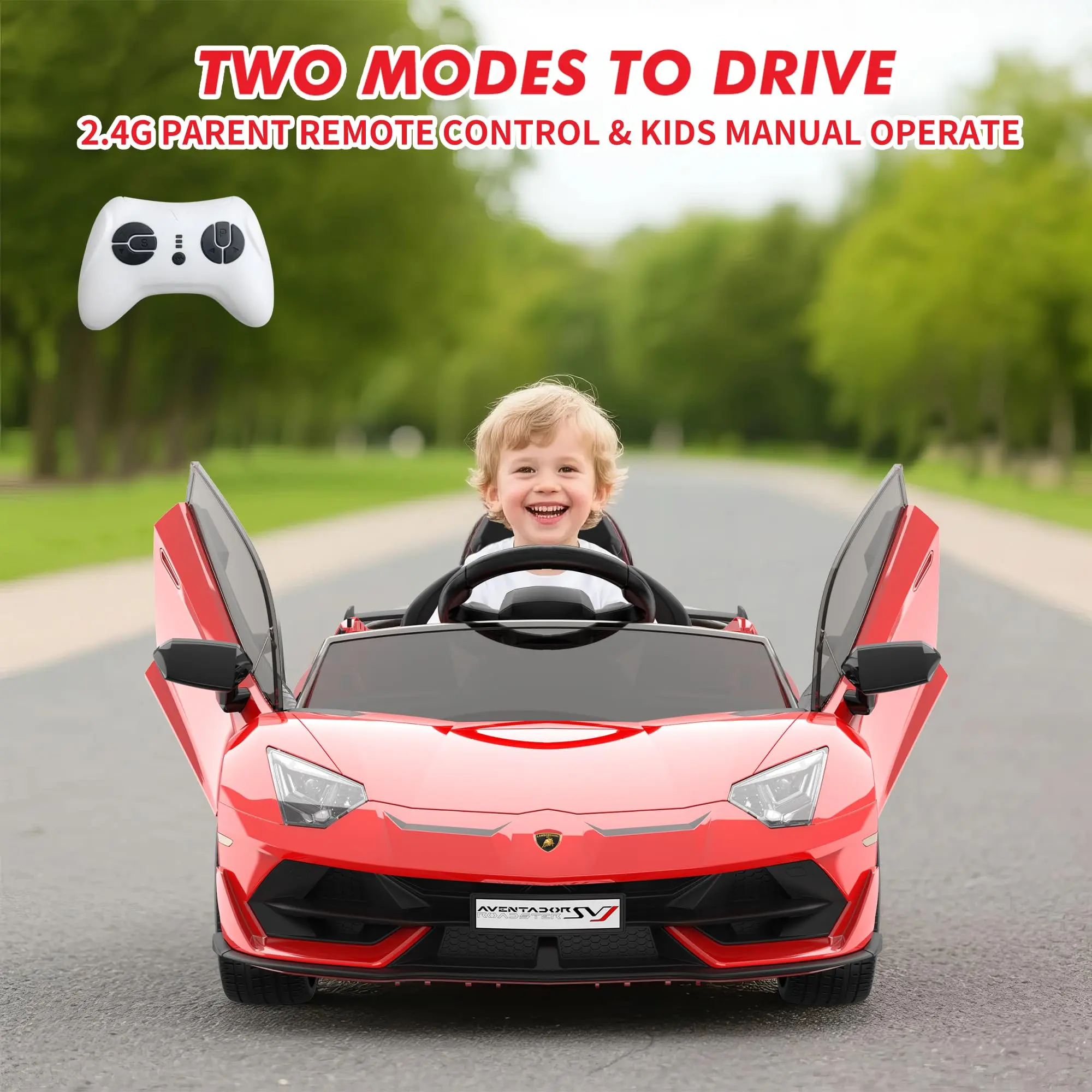 Licensed Lamborghini 12V Kids Electric Ride-On Toy Car - Power Wheels with Remote Control, Remote Drive, LED Headlights, Sound System, Hydraulic Doors, Luxury Look, Lightweight, Battery-Powered, Assembly Kit, for Ages 12+, Birthdays (Boys)