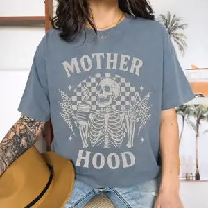 Motherhood Skeleton Coffee Drinker Graphic T-shirt, Funny Mom Life Apparel For Women, Cozy Printed Design Mother's Day Gift Idea | 010426.C00825.ID03