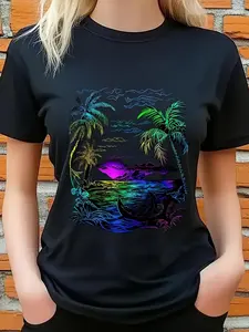 Women'S Casual Short Sleeve T-Shirt - Vibrant Tropical Palm Tree And Sunset Pattern Print, Pure Loose Round Neck, Machine Washable, Must-Have Beach Party Outfit for Spring And Summer, Nature-Inspired Design Comfortable Top
