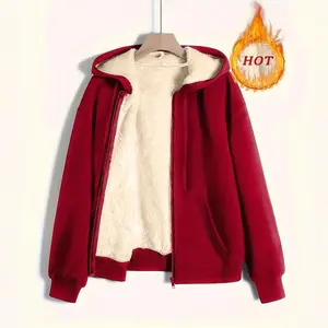 Women's Winter Warm Plush Hooded Sweatshirt Coat Top - Red Fleece Lined Zip Up Fashionable Outerwear