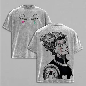 Vintage Washed Hunter x Hunter Hisoka Morow Double Sided T-Shirt, Oversized Retro Distressed Anime Graphic Tee, Harajuku Streetwear Y2K Aesthetic, 100% Cotton Casual Short Sleeve Top, Japanese Manga Phantom Troupe Print Summer Outfit for Men Women, Shorts