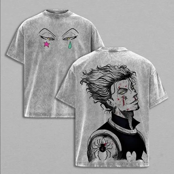 Vintage Washed Hunter x Hunter Hisoka Morow Double Sided T-Shirt, Oversized Retro Distressed Anime Graphic Tee, Harajuku Streetwear Y2K Aesthetic, 100% Cotton Casual Short Sleeve Top, Japanese Manga Phantom Troupe Print Summer Outfit for Men Women, Shorts