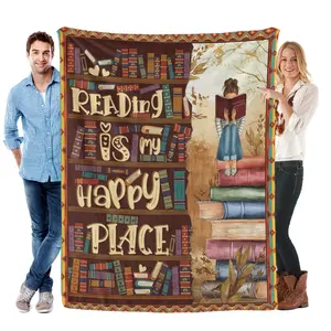 Reading Is My Happy Place Letter Pattern Blanket, 1 Count Vintage Colorful Book Pattern Design Soft Warm Nap Throw Blanket, Cool Bedroom Bedding Blankets for Home Office Travel Dormitory Camping