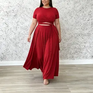 Echoine Women's Plus Size 2 piece sets Outfits Short Sleeve Bandage Knot Front Wrap Empire Crop Tops and Elastic Waist Ruched Long Skirt Plain Casual Sets Womenswear Polyester Suits Clothing Comfort Solid Party sets two piece set Fabric