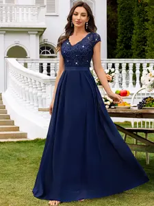 Miusol 54406A Women's Elegant V-Neck Cap Sleeve Sequined Floral Lace Formal Party Maxi Dress Wedding Guest Dress Bridesmaid Dress SpringStatements