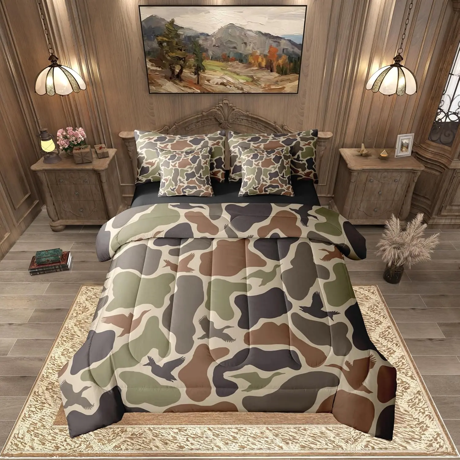 Feelyou 7-Piece Duck Hunting Army Camo Microfiber Bedding Set - Green Military Camouflage Bed-in-a-Bag with Soft Comforter, Wild Woodland Sheet Set, Queen Size Option, Ideal Bedroom Gifts, Soft Bedding Sets