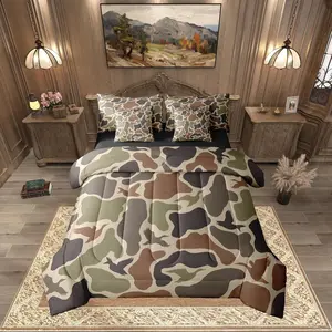 Duck Hunting 7 Pieces Bed Set,Army Camo Comforter Set,Green Camouflage Military Bed in A Bag,with Comforter,Wild Woodland Sheet Set,