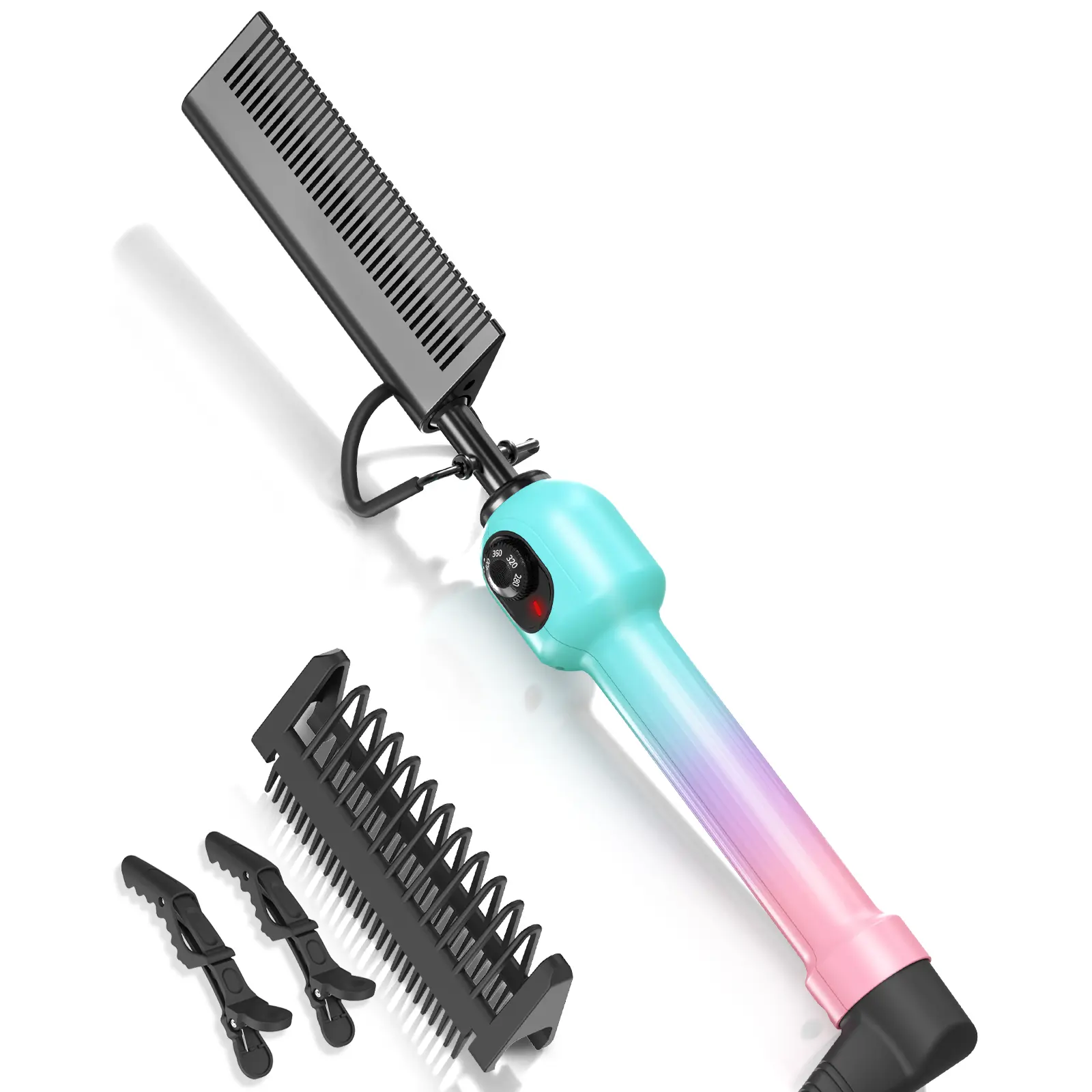 Black Women's Adjustable Fine Tooth Gradient Color Ceramic Hot Comb - 2-in-1 Hair Straightener & Smoother, 5 Heat Settings (280-450°F), Dual Voltage (100-240V) US Plug Home/Salon Travel Tool for Natural Hair, Wigs